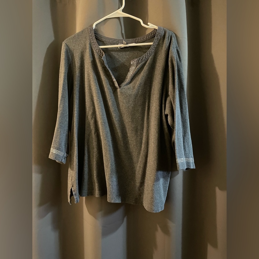 Karen Scott 3/4 Sleeve Shirt with Rhinestone Collar & Cuffs - 2X